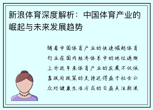 新浪体育深度解析：中国体育产业的崛起与未来发展趋势
